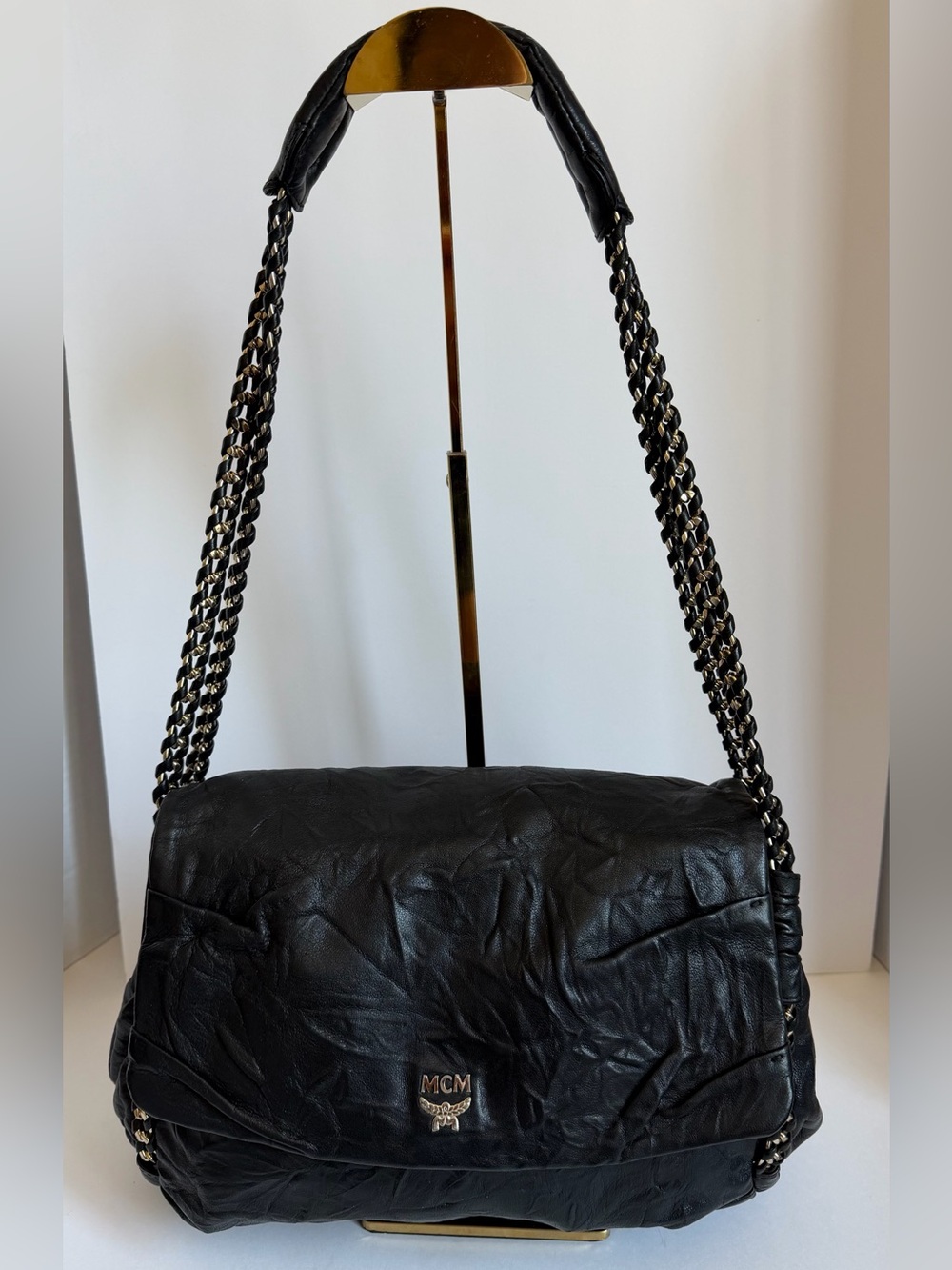 MCM Black Leather Chain-Handle Shoulder Bag
